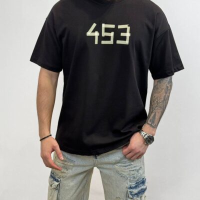 Чоловіча Бавовняна Чорна Футболка Вільного Крою з Номером "453"