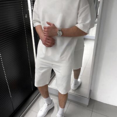 Чоловічий Котоновий Білий Літній Костюм Оверсайз (Футболка + Шорти)