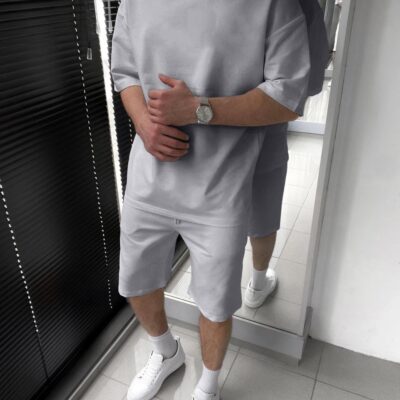 Чоловічий Котоновий Сірий Літній Костюм Оверсайз (Футболка + Шорти)
