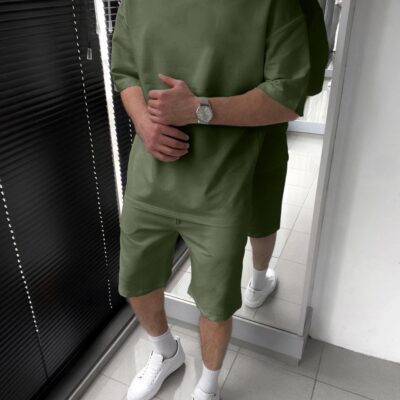 Чоловічий Котоновий Літній Костюм Хакі Оверсайз (Футболка + Шорти)