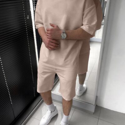Чоловічий Котоновий Бежевий Літній Костюм Оверсайз (Футболка + Шорти)