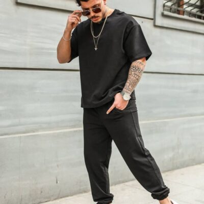 Чоловічий Базовий Чорний Літній Костюм Двонитка - Футболка Оверсайз + Штани Джогери