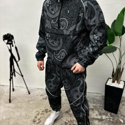 Чоловічий Костюм Чорний з Принтами "Bandana" - Плащівка (АНОРАК + ШТАНИ)