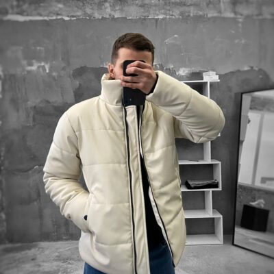 Чоловіча Куртка Бежева Шкіряна Зимова - Однотонна Комір Стійка