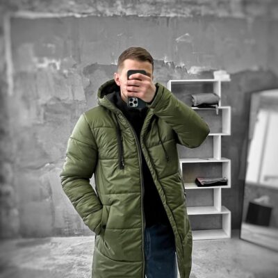 Чоловіча Куртка Хакі Зелена Подовжена - Зимова Однотонна з Капюшоном