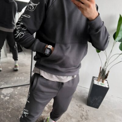 Чоловічий Костюм Сірий Темний Оверсайз – Бавовняний з Принтом на Рукавах (ХУДІ + ШТАНИ)