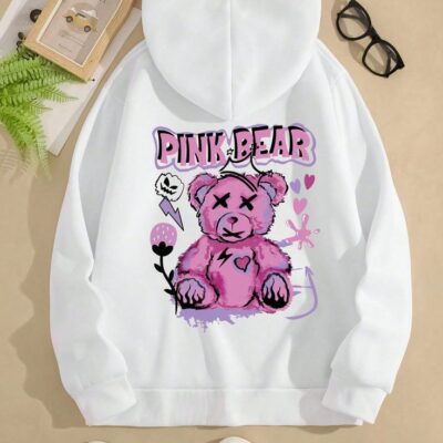 Чоловіче Худі Біле - Оверсайз з Принтом на Спині "Pink Bear"