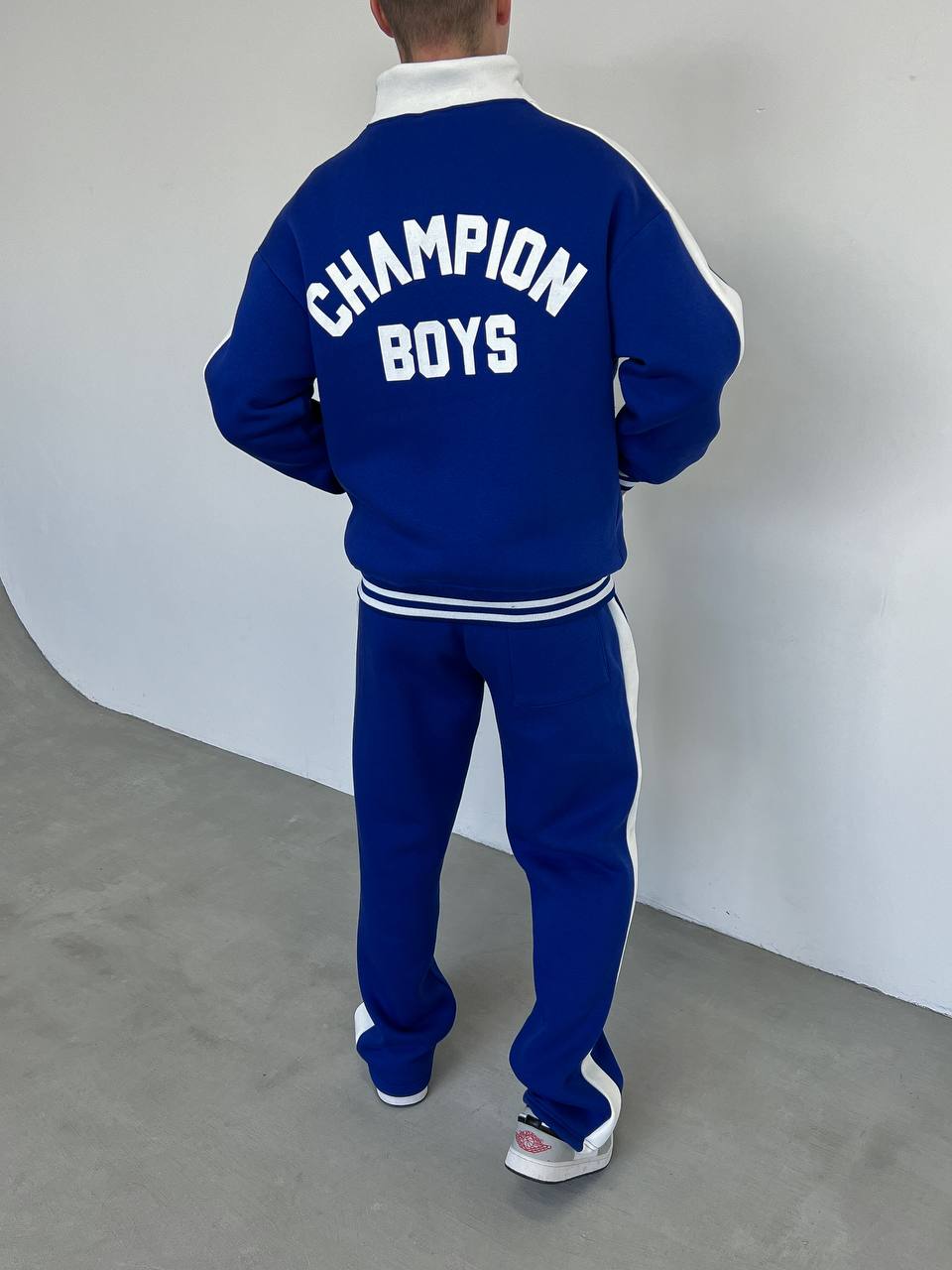 Чоловічий Синій Костюм "Champion" з Білими Лампасами та Блискавкою (КОФТА Комір Стійка + ШТАНИ)