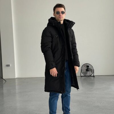 Чоловіча Зимова Куртка Довга Чорна - Однотонна з Капюшоном