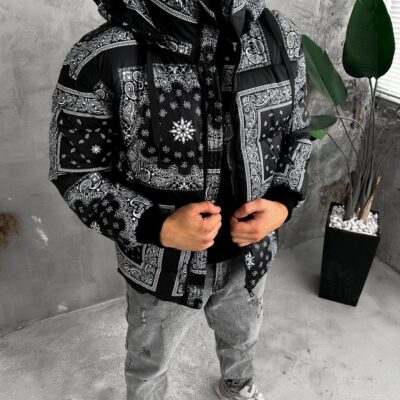 Чоловіча Куртка Чорна Демісезонна - Зимова Принтована "Bandana" з Капюшоном