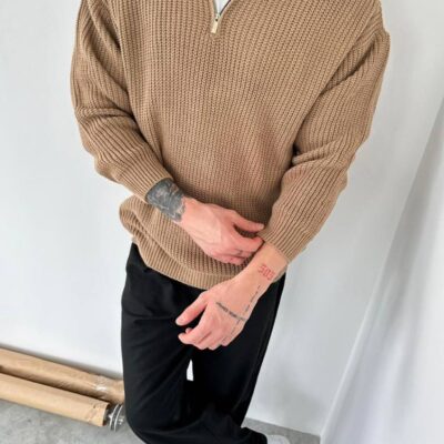 Чоловічий Бежевий Светр В'язанний - Оверсайз Кофта Зіп під Горло