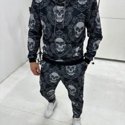 Чоловічий Костюм Чорний Теплий - Зимній на Флісі з Принтом "Scull" (ХУДІ + ШТАНИ)
