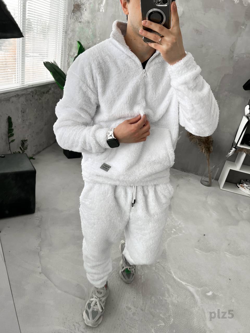 Чоловічий Білий Костюм Плюшевий - М'який Teddy Оверсайз (КОФТА на Блискавці + ШТАНИ)