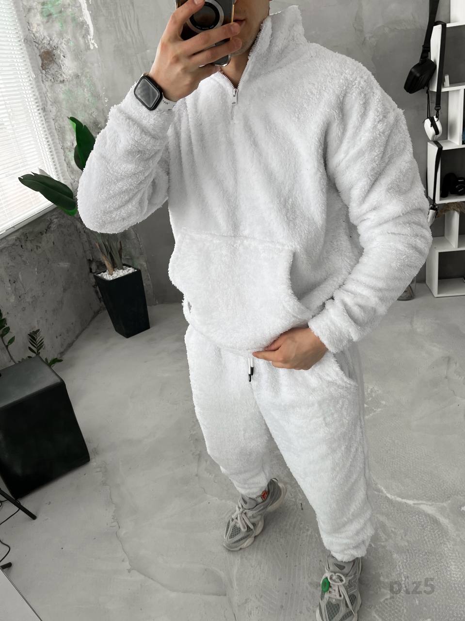 Чоловічий Білий Костюм Плюшевий - М'який Teddy Оверсайз (КОФТА на Блискавці + ШТАНИ)