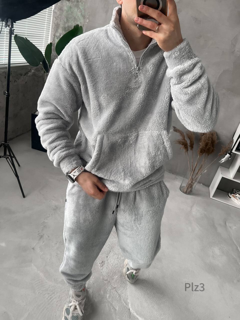 Чоловічий Сірий Костюм Плюшевий - М'який Teddy Оверсайз (КОФТА на Блискавці + ШТАНИ)