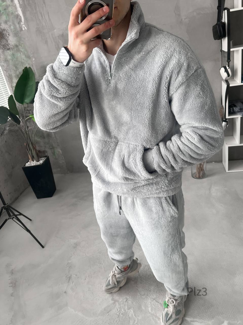 Чоловічий Сірий Костюм Плюшевий - М'який Teddy Оверсайз (КОФТА на Блискавці + ШТАНИ)