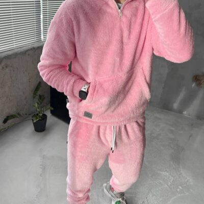 Чоловічий Розовий Костюм Плюшевий - М'який Teddy Оверсайз (КОФТА на Блискавці + ШТАНИ)