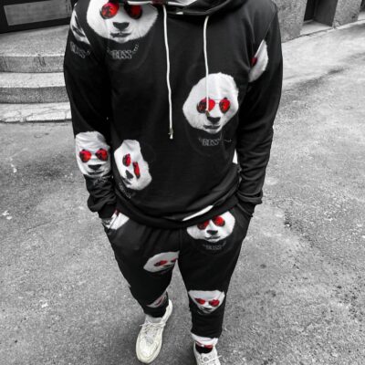 Чоловічий Костюм Чорний – Оверсайз з Принтами "Panda" (ХУДІ + ШТАНИ)