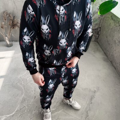 Чоловічий Костюм Чорний – Оверсайз з Принтами "Angry Bunny" (ХУДІ + ШТАНИ)