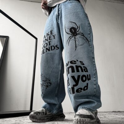 Чоловічі Широкі Джинси Баггі Блакитні з Принтами "Spider"