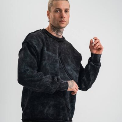 Чоловічий Чорний Світшот "Тай-Дай" Флісовий - Теплий з Необробленним Краєм