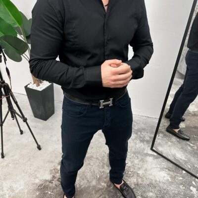 Чоловіча Сорочка Класична Чорна - Приталена Бавовняна Комір "Мандарин"