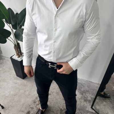 Чоловіча Сорочка Класична Біла - Приталена Бавовняна Комір "Мандарин"