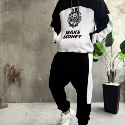 Чоловічий Костюм Чорний Білий - Оверсайз Флісовий "Make Money" (ХУДІ + ШТАНИ)