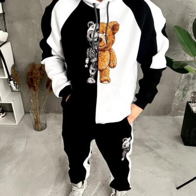 Чоловічий Костюм Чорний - Білий Оверсайз на Флісі з Принтами "Teddy Bear" (ХУДІ + ШТАНИ)