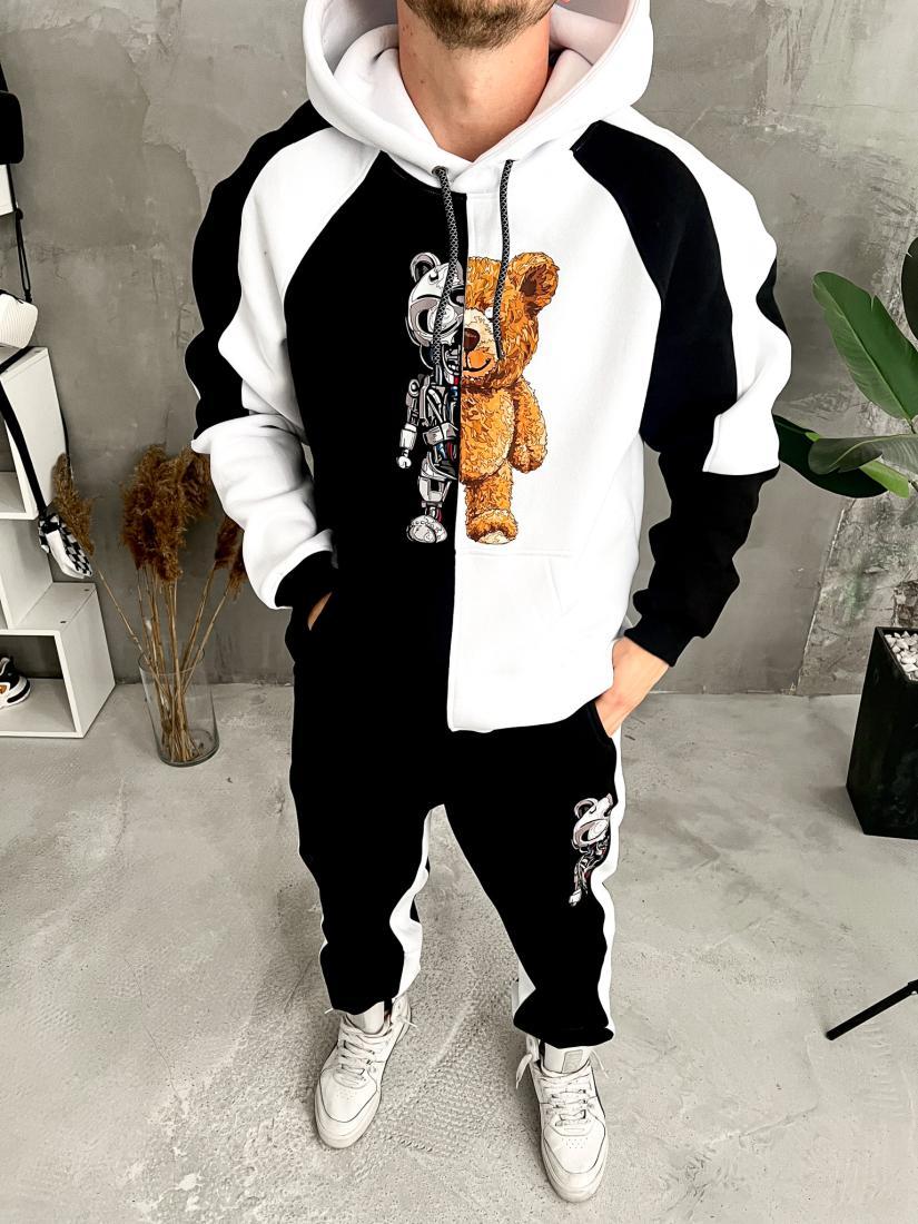 Чоловічий Костюм Чорний - Білий Оверсайз на Флісі з Принтами "Teddy Bear" (ХУДІ + ШТАНИ)