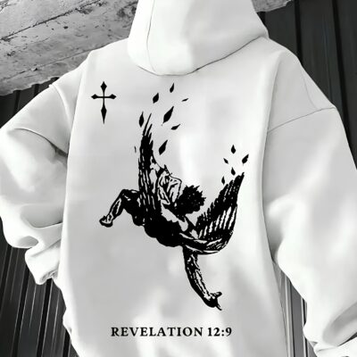 Чоловіче Худі Біле - Оверсайз з Принтом на Спині "Fallen Angel Diablo - Revelation 12:9"