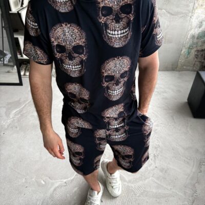 Чоловічий Літній Комплект Чорний - Оверсайз з Принтами "Scull" (Футболка + Шорти)