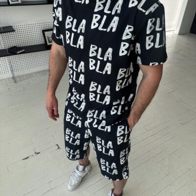 Чоловічий Літній Комплект Чорний - Оверсайз з Принтом "Bla Bla" (Футболка + Шорти)