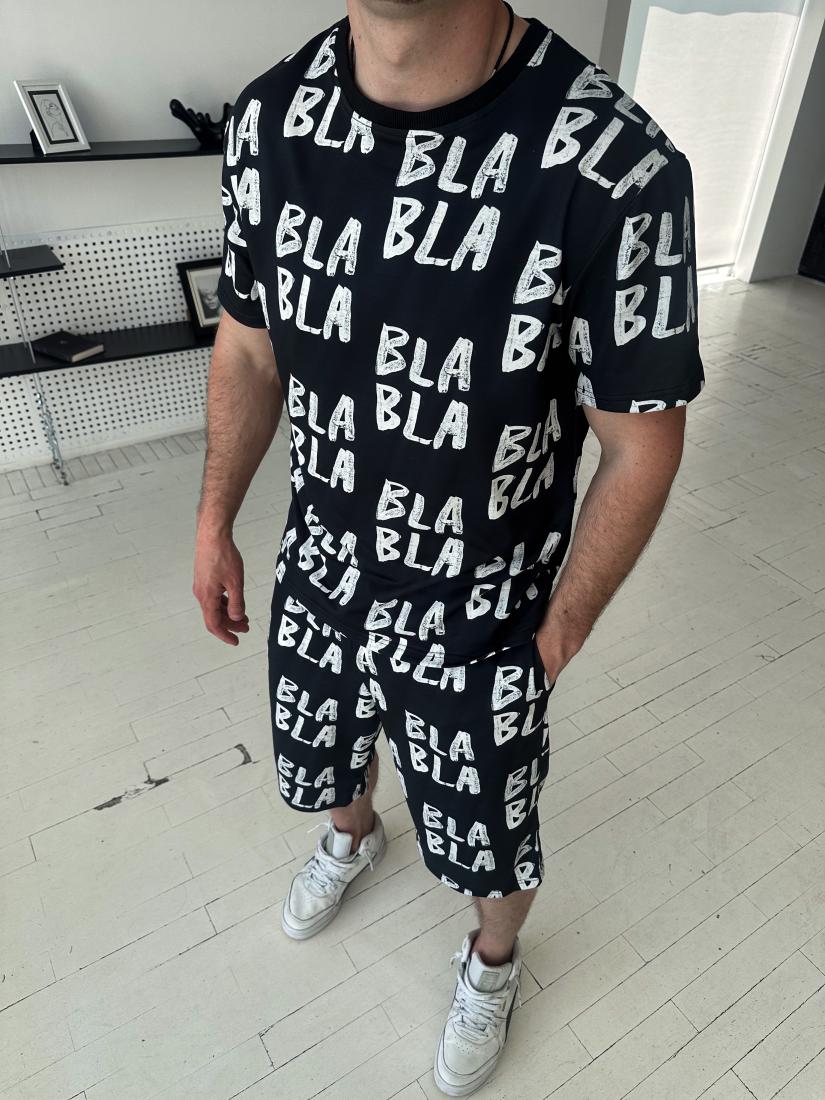 Чоловічий Літній Комплект Чорний - Оверсайз з Принтом "Bla Bla" (Футболка + Шорти)