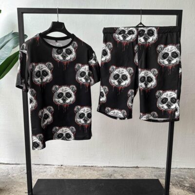 Чоловічий Літній Комплект Чорний - Оверсайз з Принтом "Panda" (Футболка + Шорти)