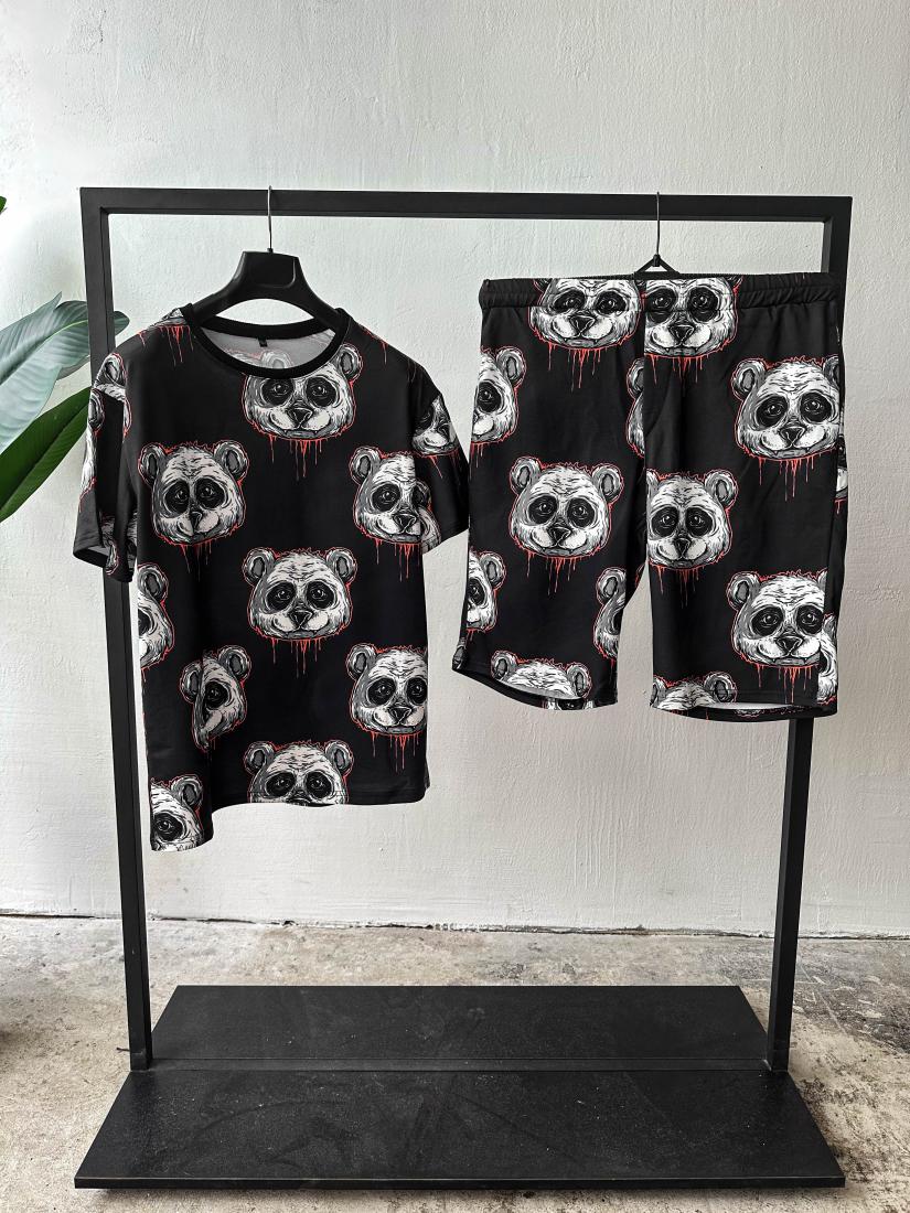 Чоловічий Літній Комплект Чорний - Оверсайз з Принтом "Panda" (Футболка + Шорти)