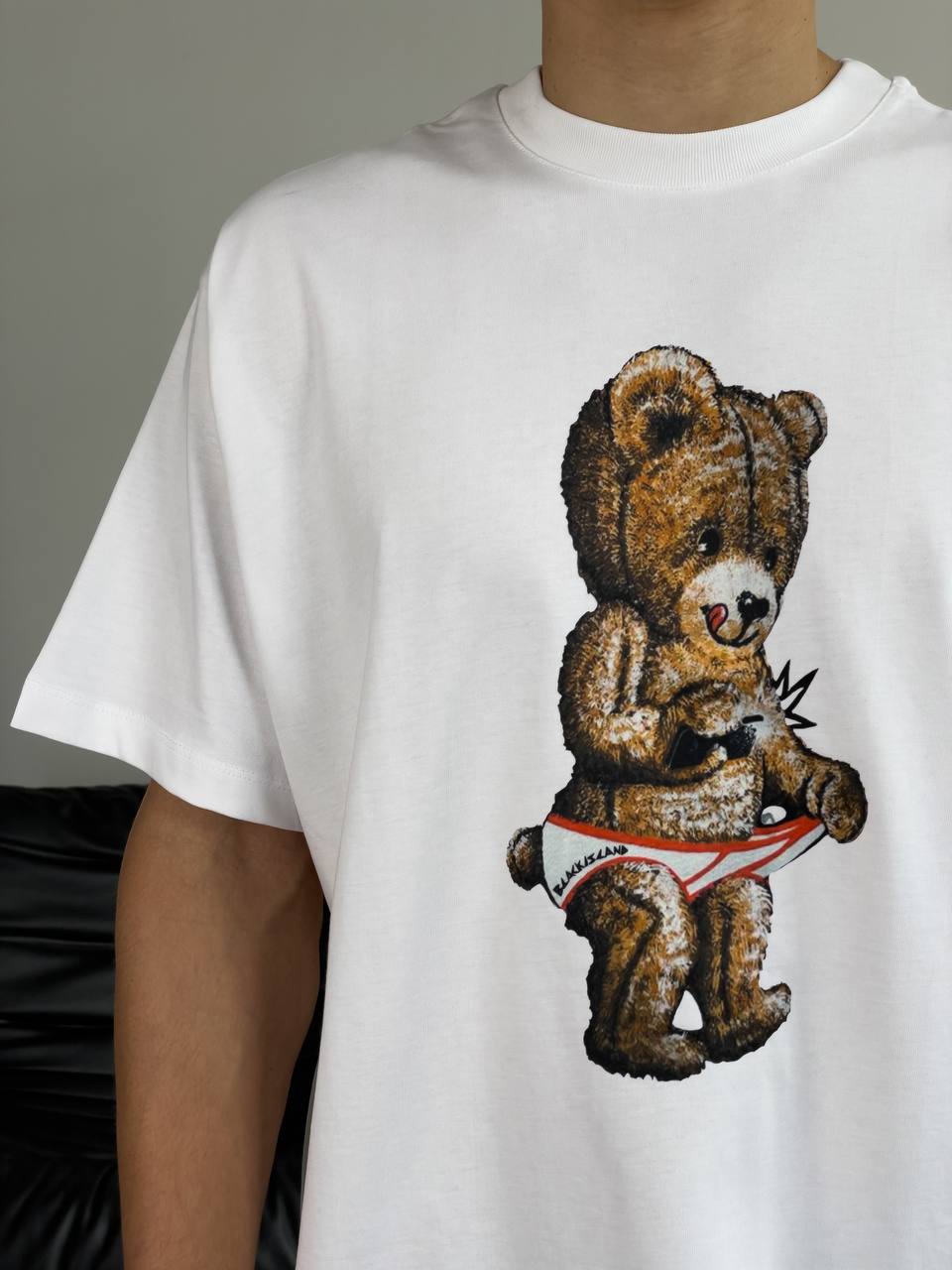 Чоловіча Футболка Оверсайз Біла - Бавовняна Вільна з Принтом "Teddy Bear"
