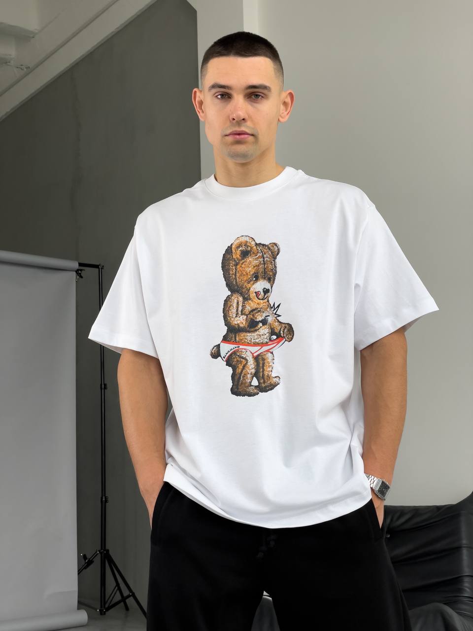 Чоловіча Футболка Оверсайз Біла - Бавовняна Вільна з Принтом "Teddy Bear"