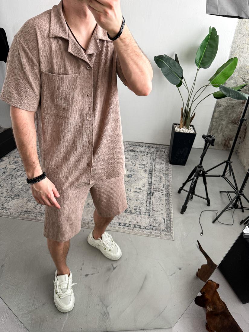 Чоловічий Літній Комплект Бежевий - Класичний Однотонний (СОРОЧКА + ШОРТИ)