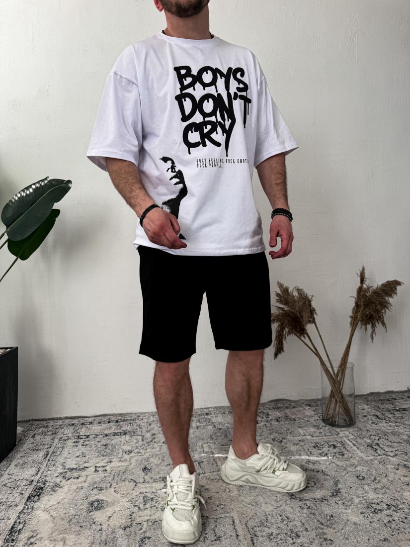 Чоловічий Літній Комплект Білий - Чорний Оверсайз з Принтом "Boys Don't Cry" (Футболка + Шорти)
