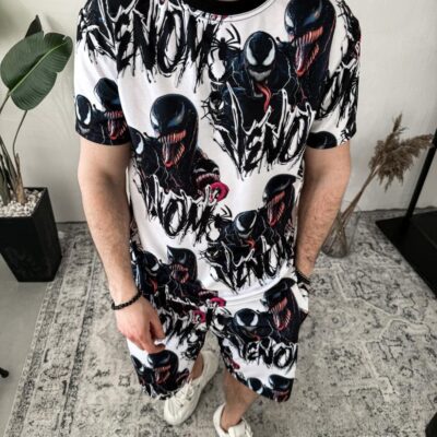 Чоловічий Літній Комплект Чорний - Білий Оверсайз Принтований "Venom" (Футболка + Шорти)