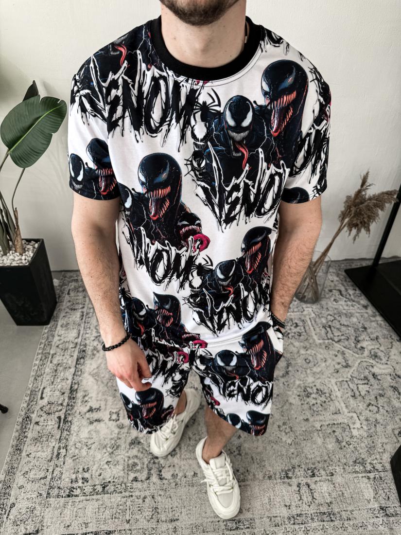 Чоловічий Літній Комплект Чорний - Білий Оверсайз Принтований "Venom" (Футболка + Шорти)