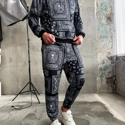 Чоловічий Костюм Чорний - Оверсайз Бавовняний з Принтами "Bandana" (ХУДІ + ШТАНИ)