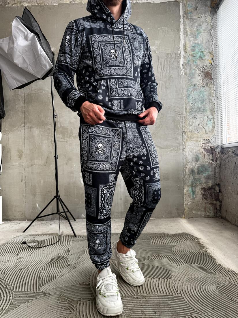 Чоловічий Костюм Чорний - Оверсайз Бавовняний з Принтами "Bandana" (ХУДІ + ШТАНИ)