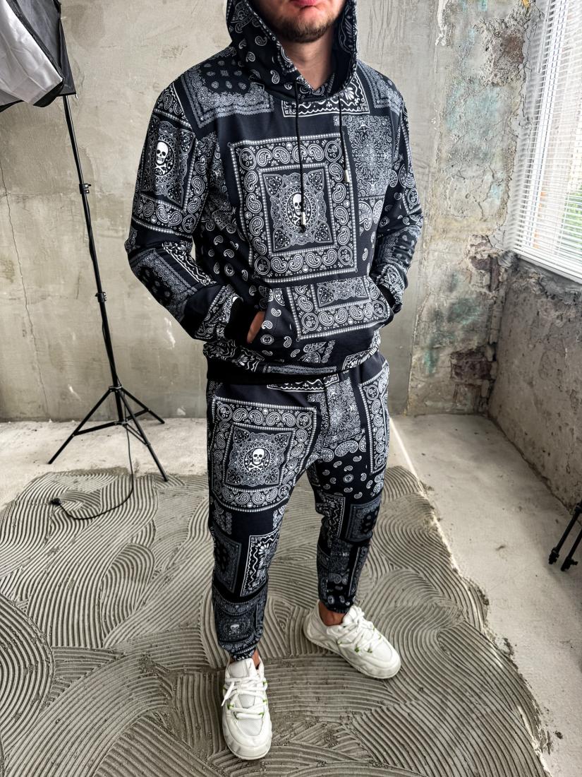 Чоловічий Костюм Чорний - Оверсайз Бавовняний з Принтами "Bandana" (ХУДІ + ШТАНИ)