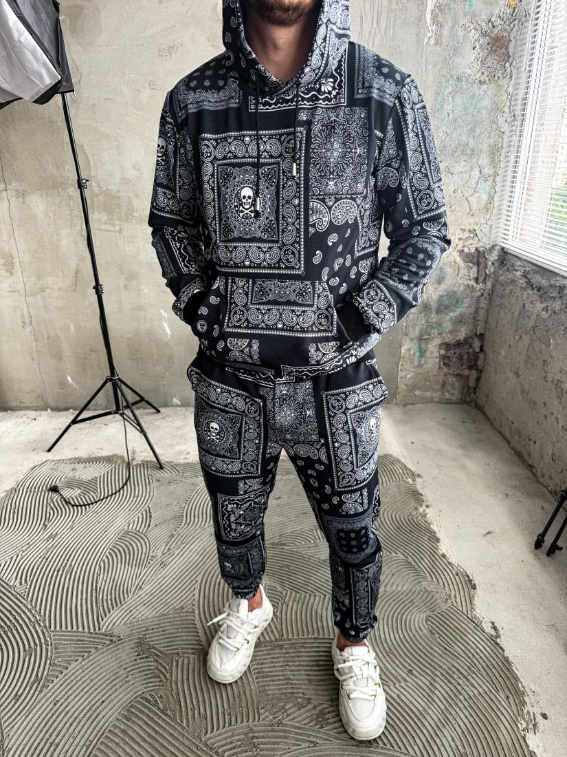 Чоловічий Костюм Чорний - Оверсайз Бавовняний з Принтами "Bandana" (ХУДІ + ШТАНИ)
