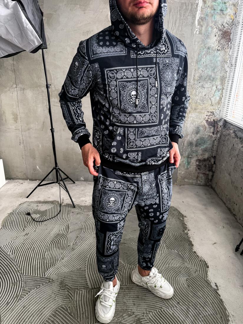 Чоловічий Костюм Чорний - Оверсайз Бавовняний з Принтами "Bandana" (ХУДІ + ШТАНИ)