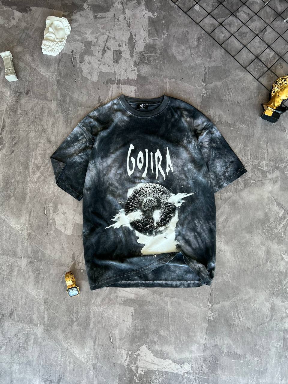 Чоловіча Футболка Чорна - Біла Оверсайз Тай-Дай з Принтом "Gojira"
