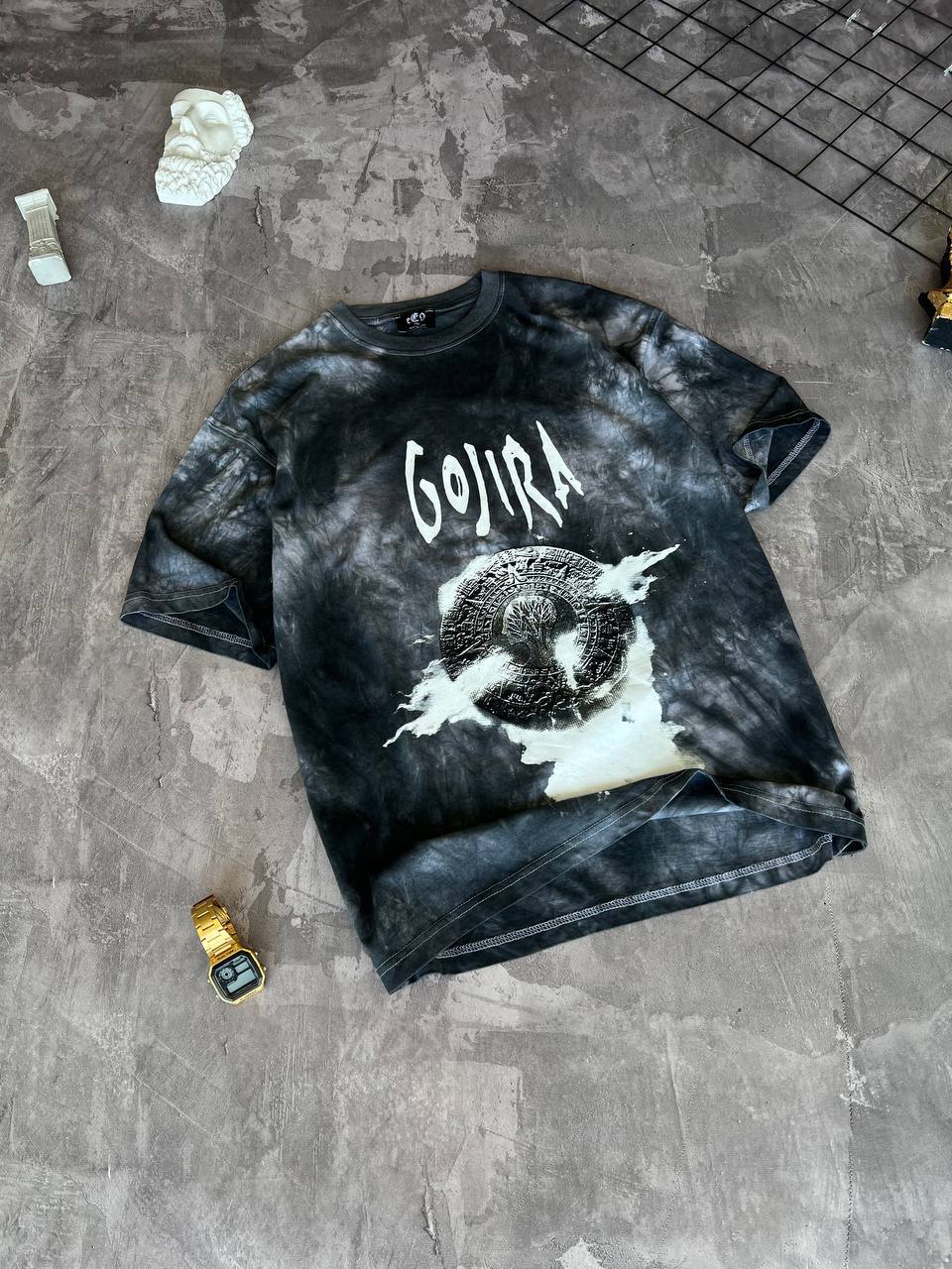 Чоловіча Футболка Чорна - Біла Оверсайз Тай-Дай з Принтом "Gojira"