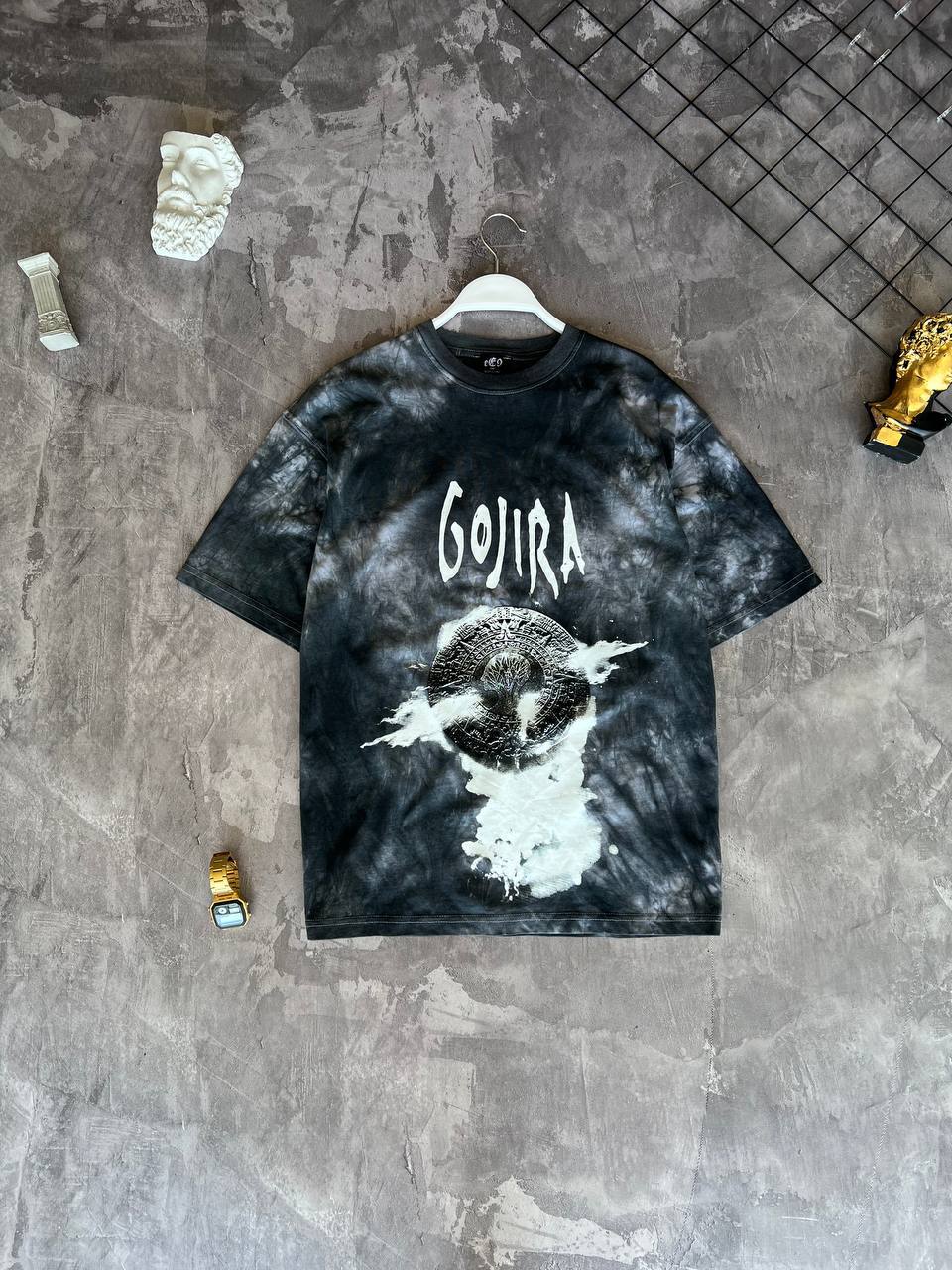 Чоловіча Футболка Чорна - Біла Оверсайз Тай-Дай з Принтом "Gojira"